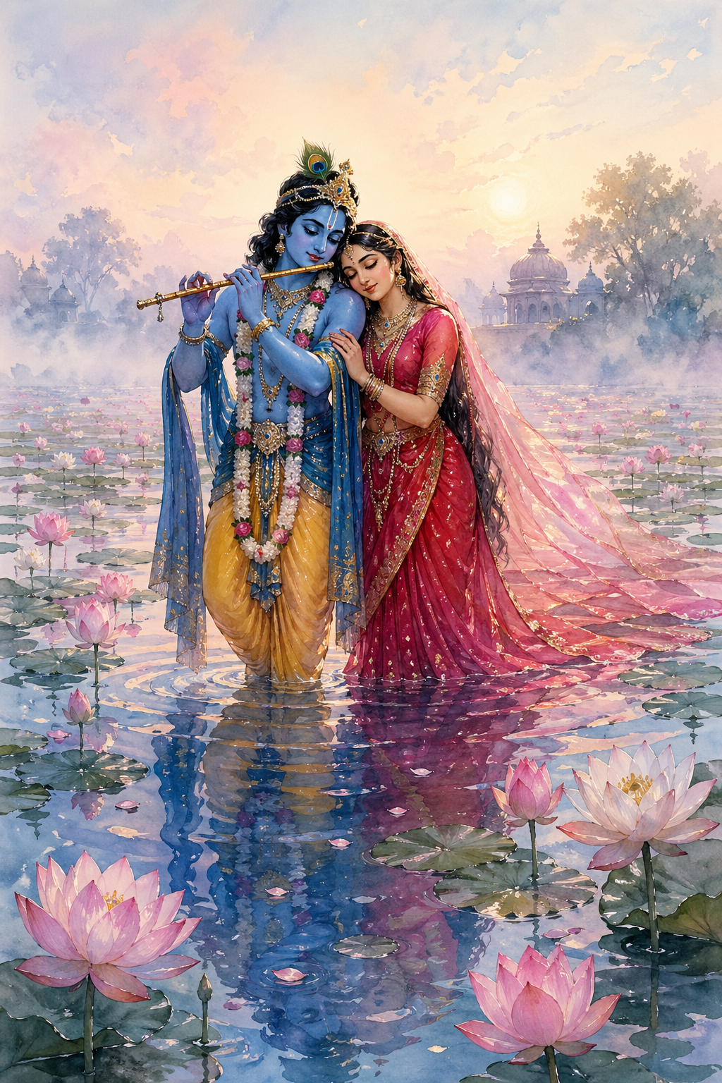 Radha Krishna in lotus pond at dawn with blue skin reflecting in water and pink lotus blooming — HD wallpaper